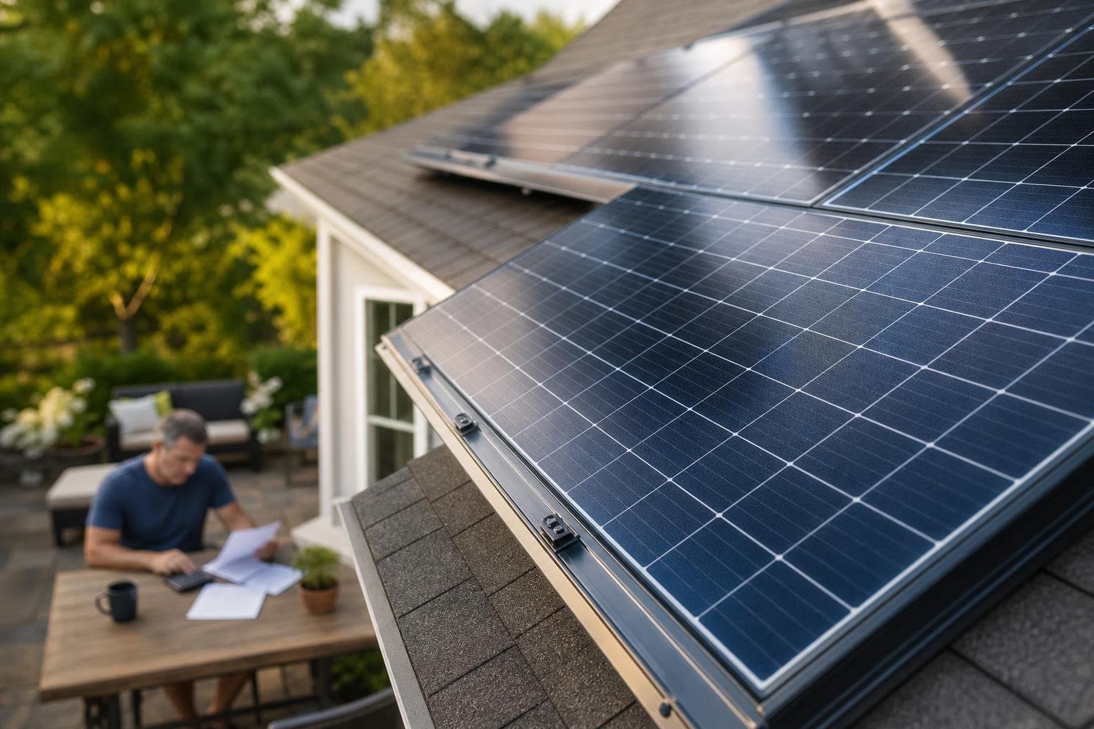 Solar panels with a homeowner reviewing project paperwork in the background.