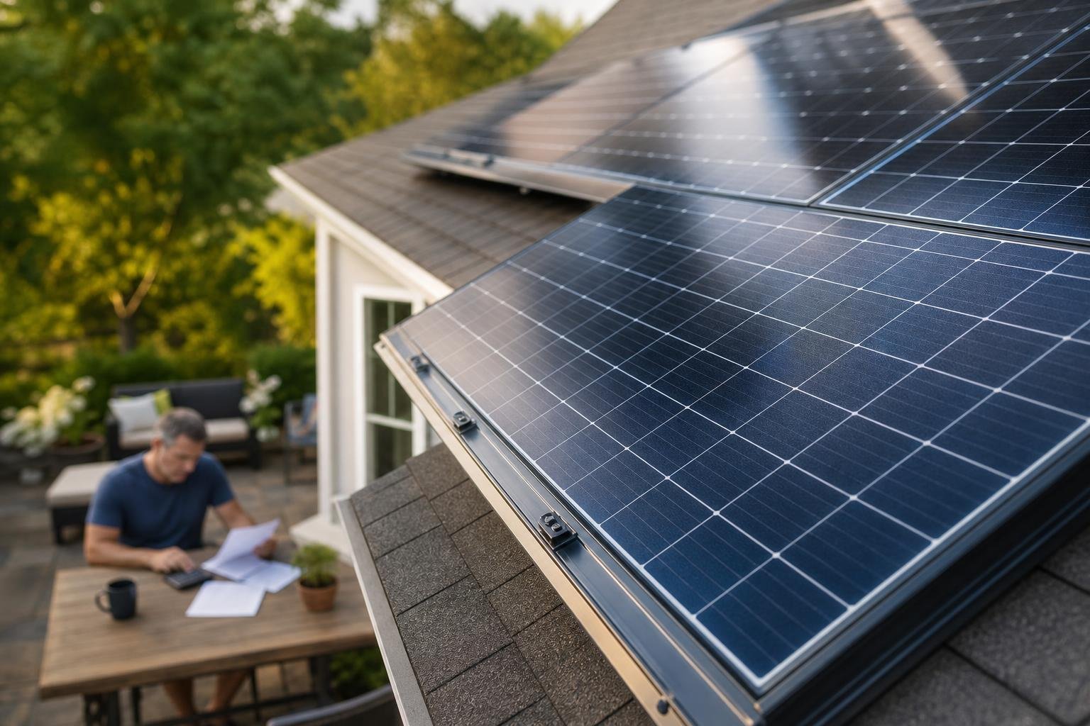 Residential solar panels in sharp focus with a homeowner reviewing paperwork softly blurred in the background.
